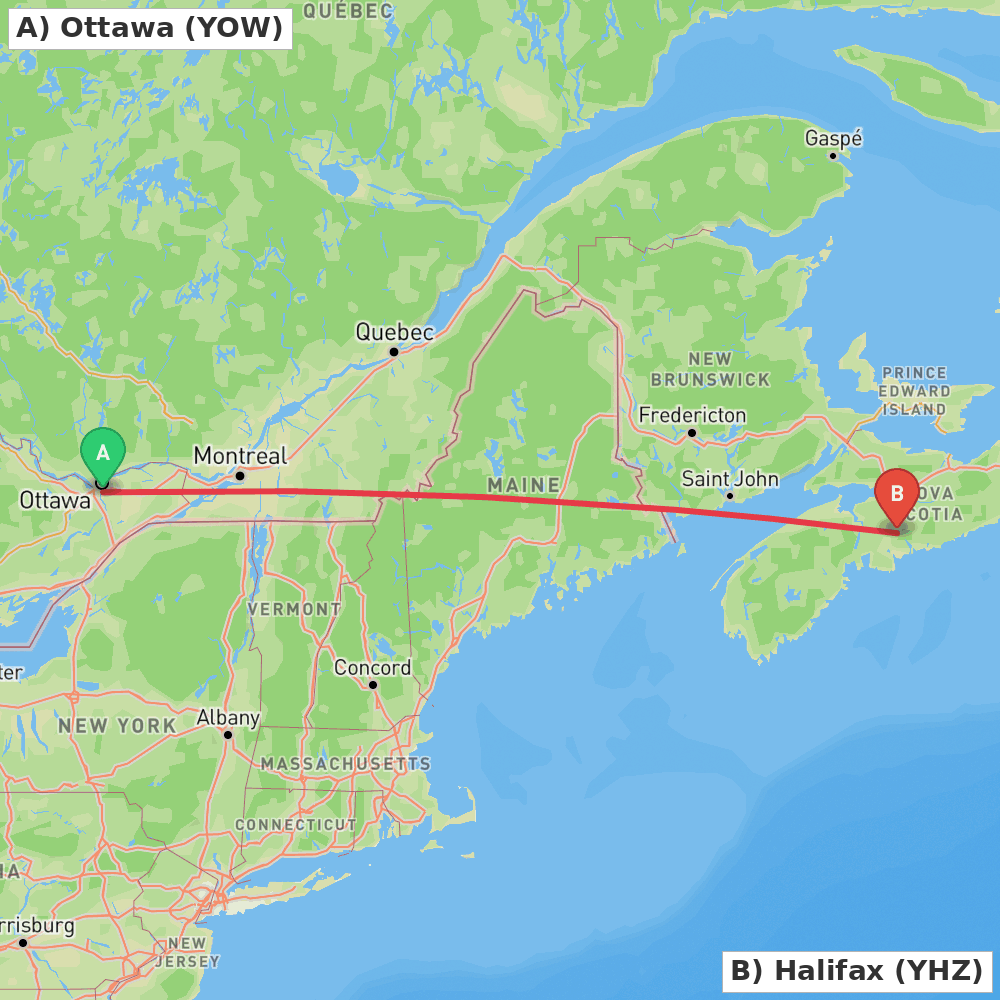 Flight route map from Ottawa to Halifax