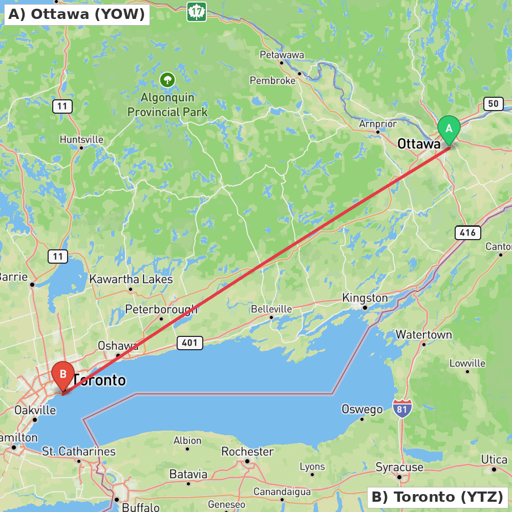 Flight route map from Ottawa to Toronto