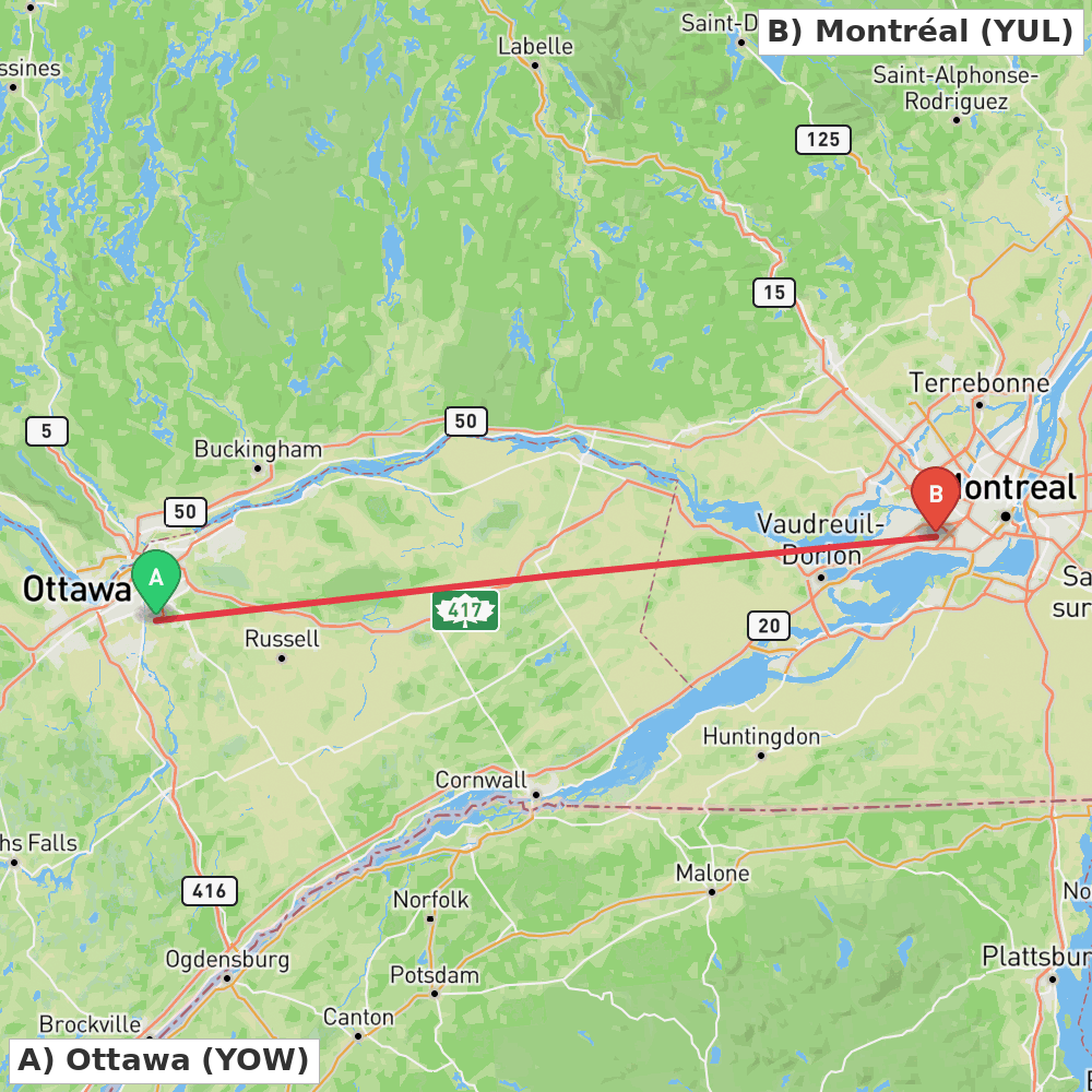 Flight route map from Ottawa to Montréal