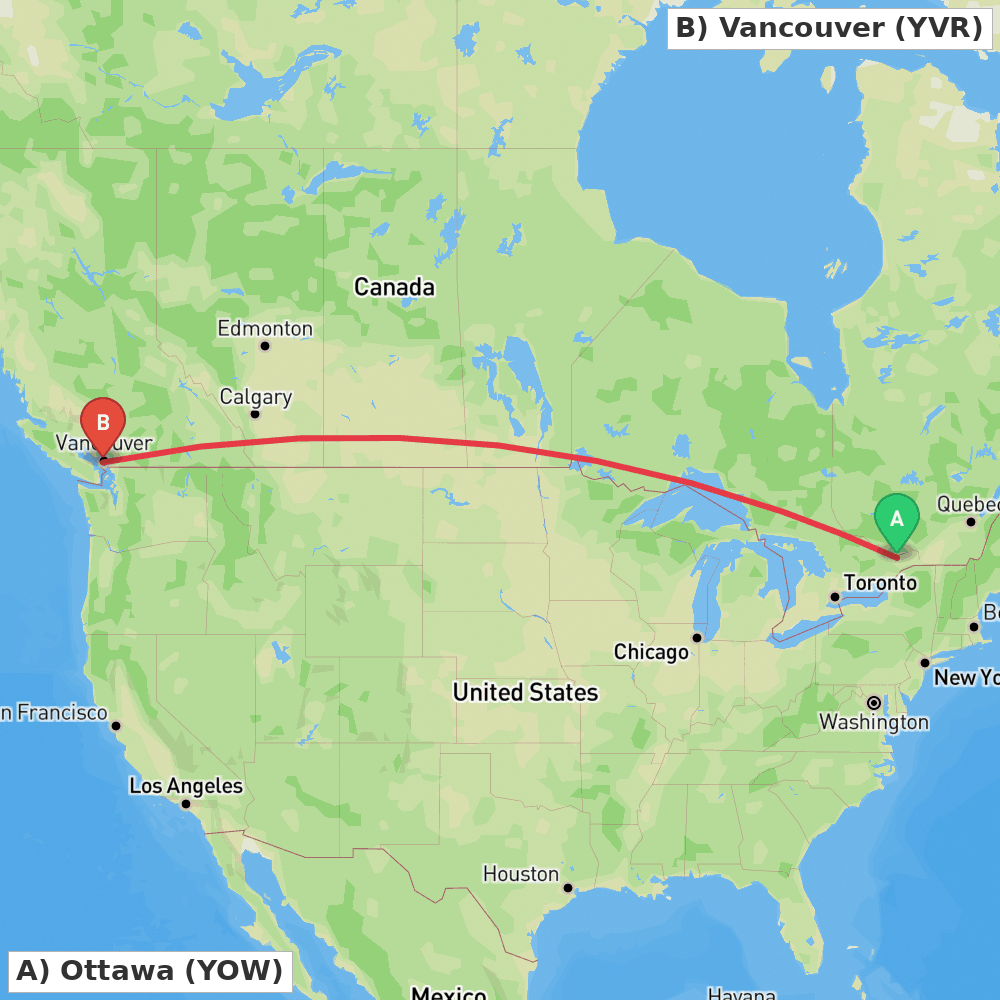 Flight route map from Ottawa to Vancouver