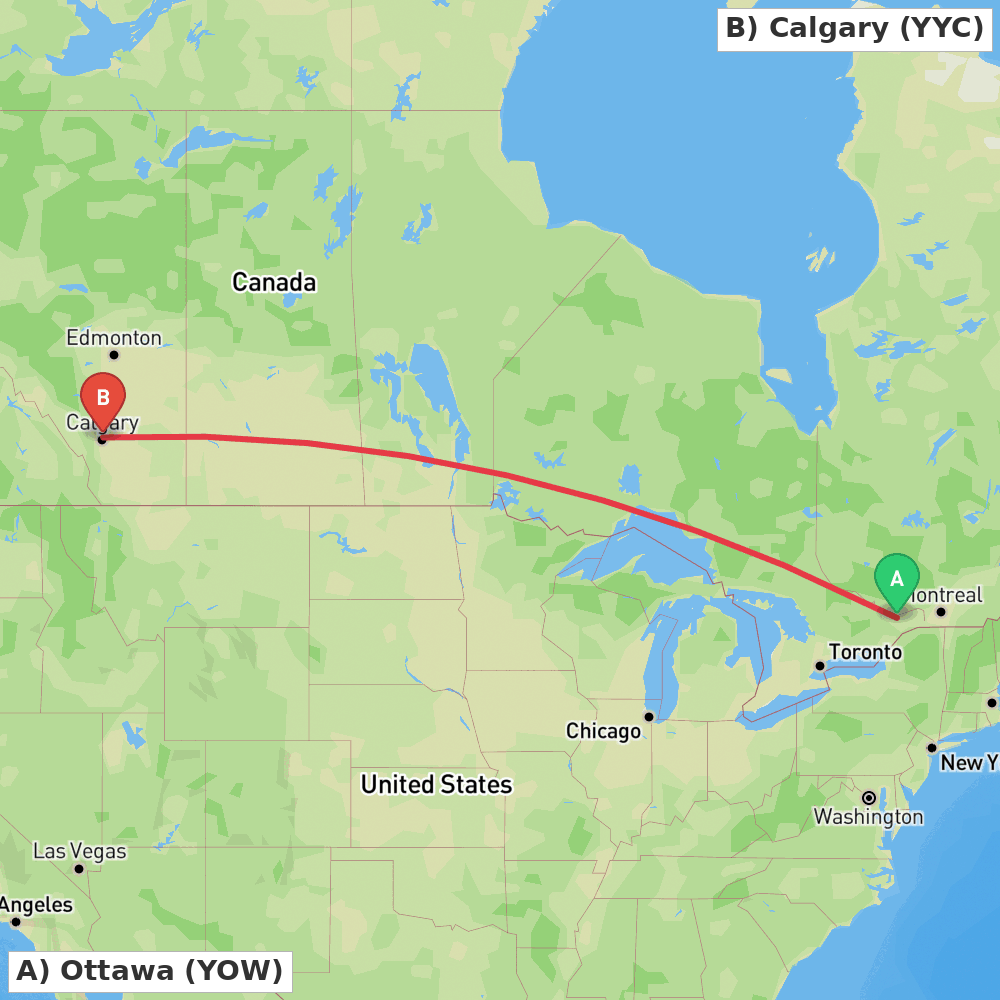 Flight route map from Ottawa to Calgary