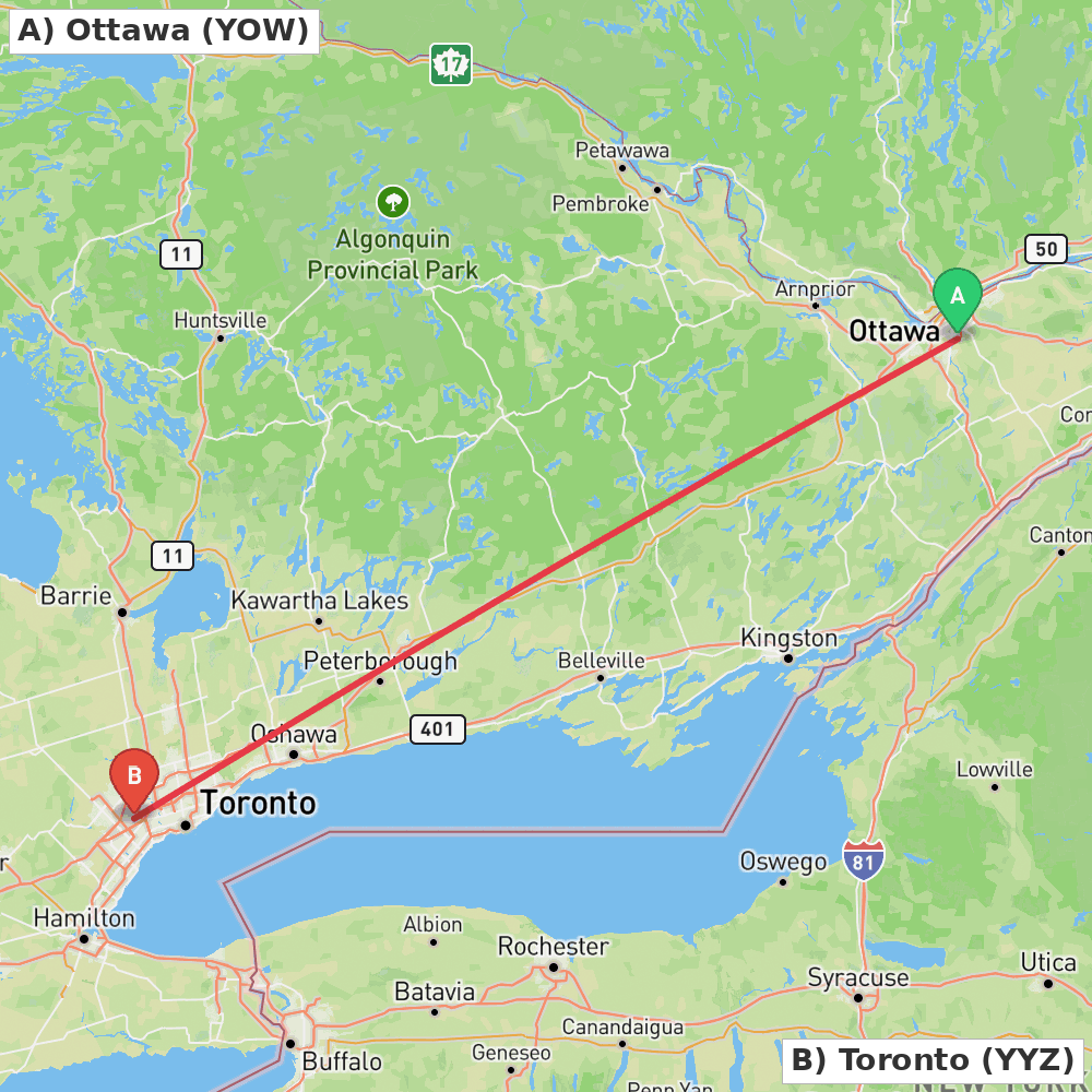 Flight route map from Ottawa to Toronto