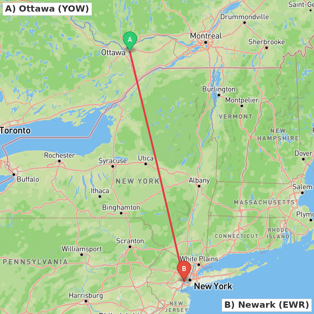 Flight route map from Ottawa to Newark