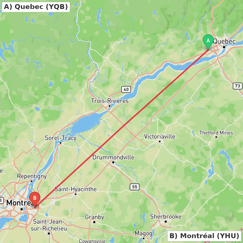 Flight route map from Quebec to Montréal