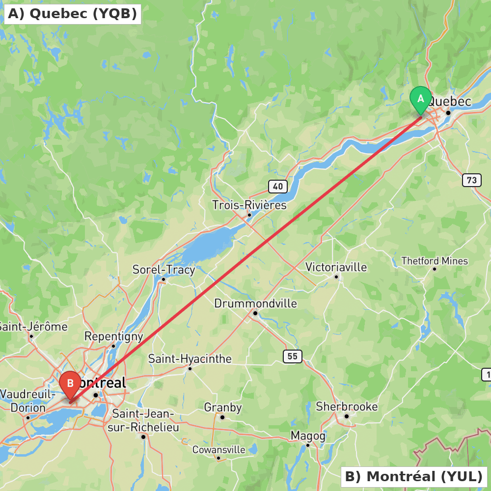 Flight route map from Quebec to Montréal