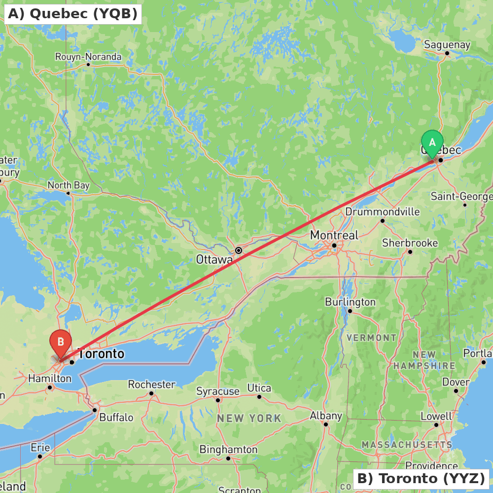 Flight route map from Quebec to Toronto