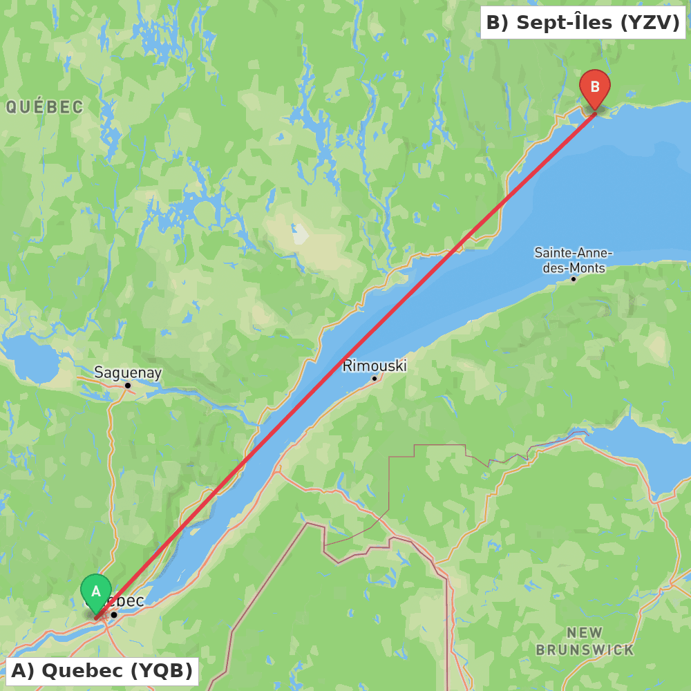 Flight route map from Quebec to Sept-Îles