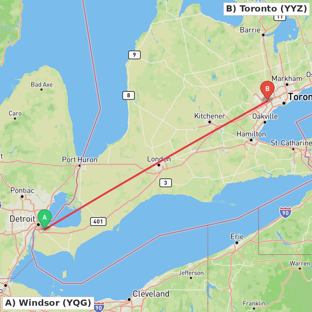 Flight route map from Windsor to Toronto
