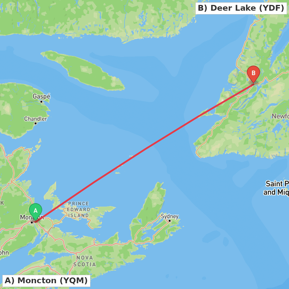 Flight route map from Moncton to Deer Lake