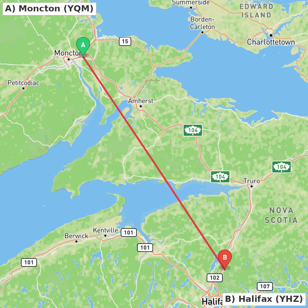 Flight route map from Moncton to Halifax