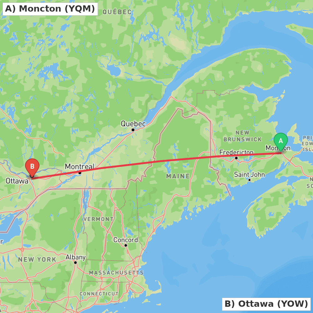 Flight route map from Moncton to Ottawa