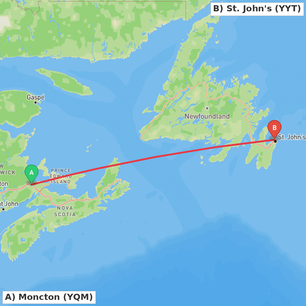 Flight route map from Moncton to St. John's