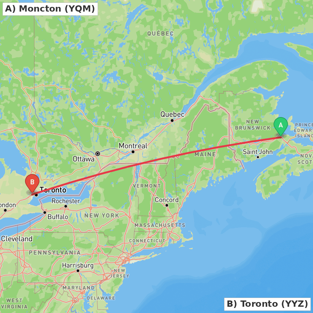 Flight route map from Moncton to Toronto