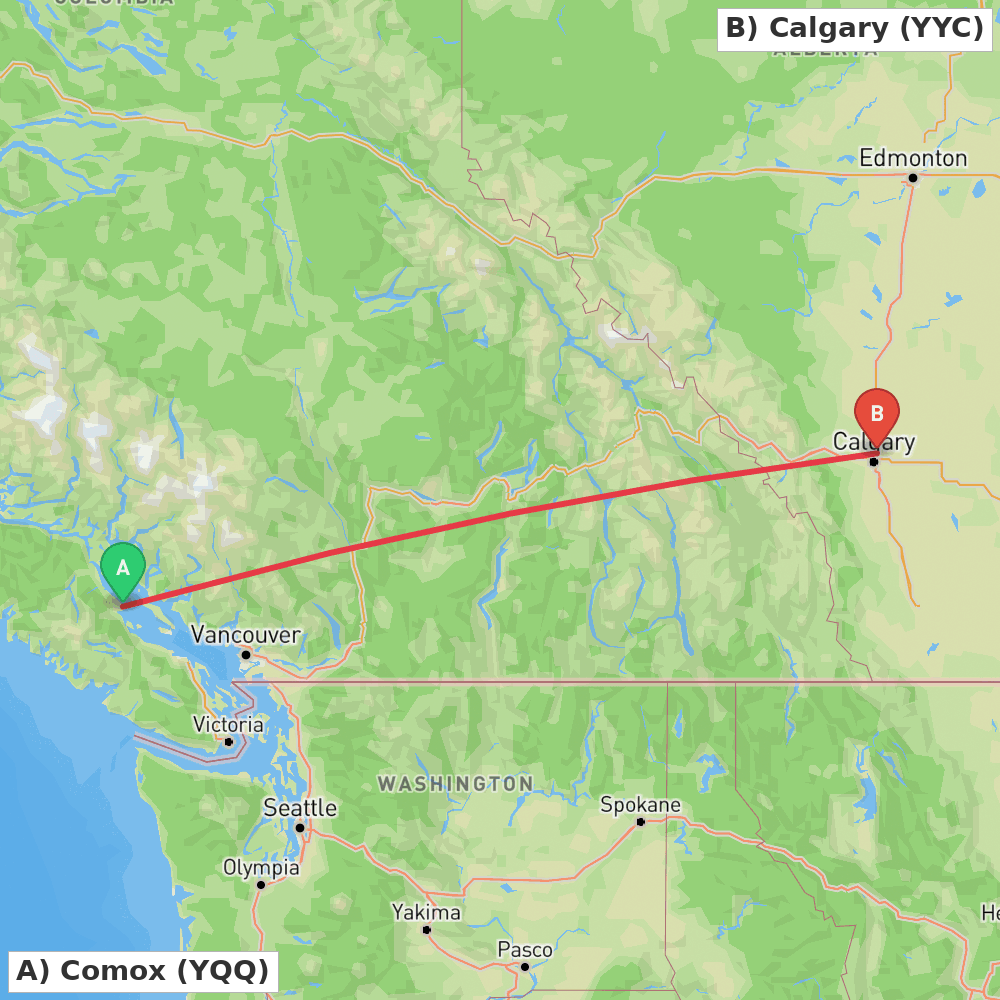 Flight route map from Comox to Calgary