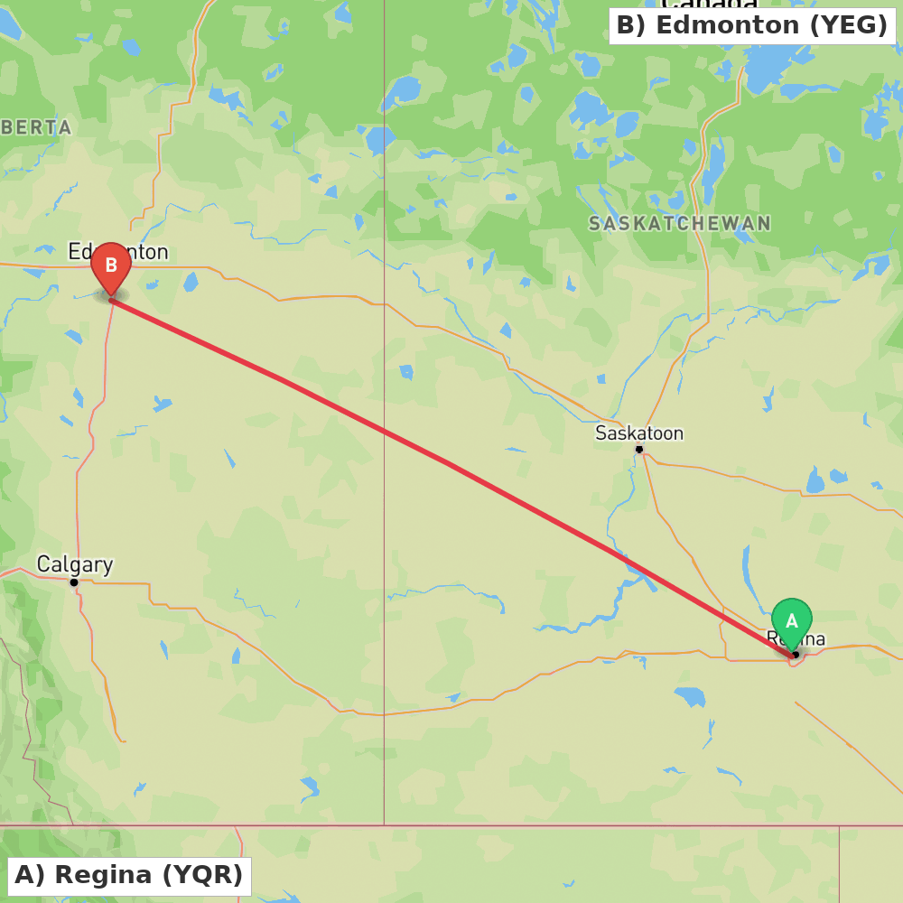 Flight route map from Regina to Edmonton