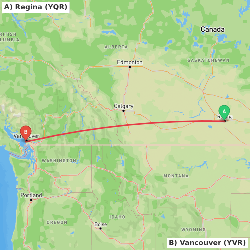 Flight route map from Regina to Vancouver