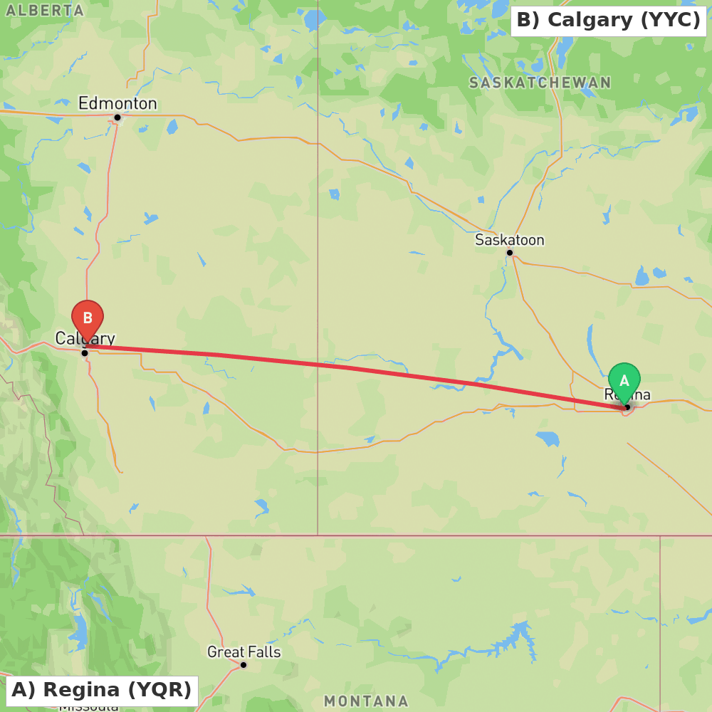 Flight route map from Regina to Calgary