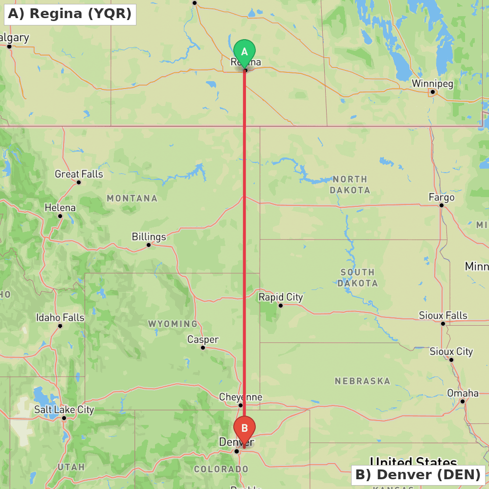 Flight route map from Regina to Denver