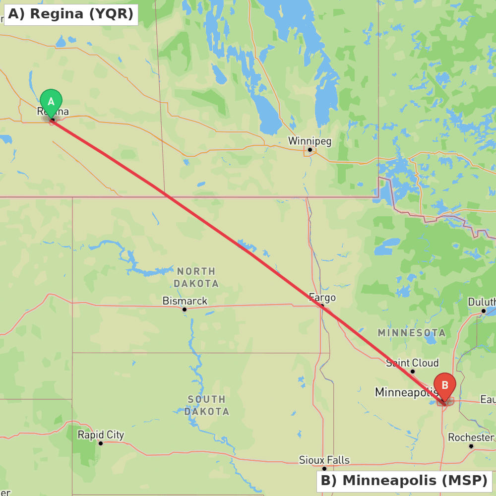 Flight route map from Regina to Minneapolis