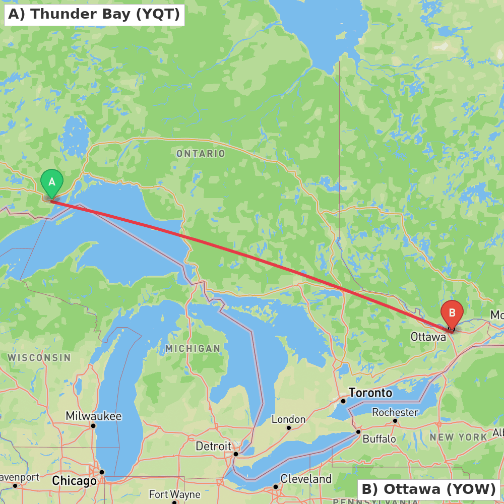 Flight route map from Thunder Bay to Ottawa