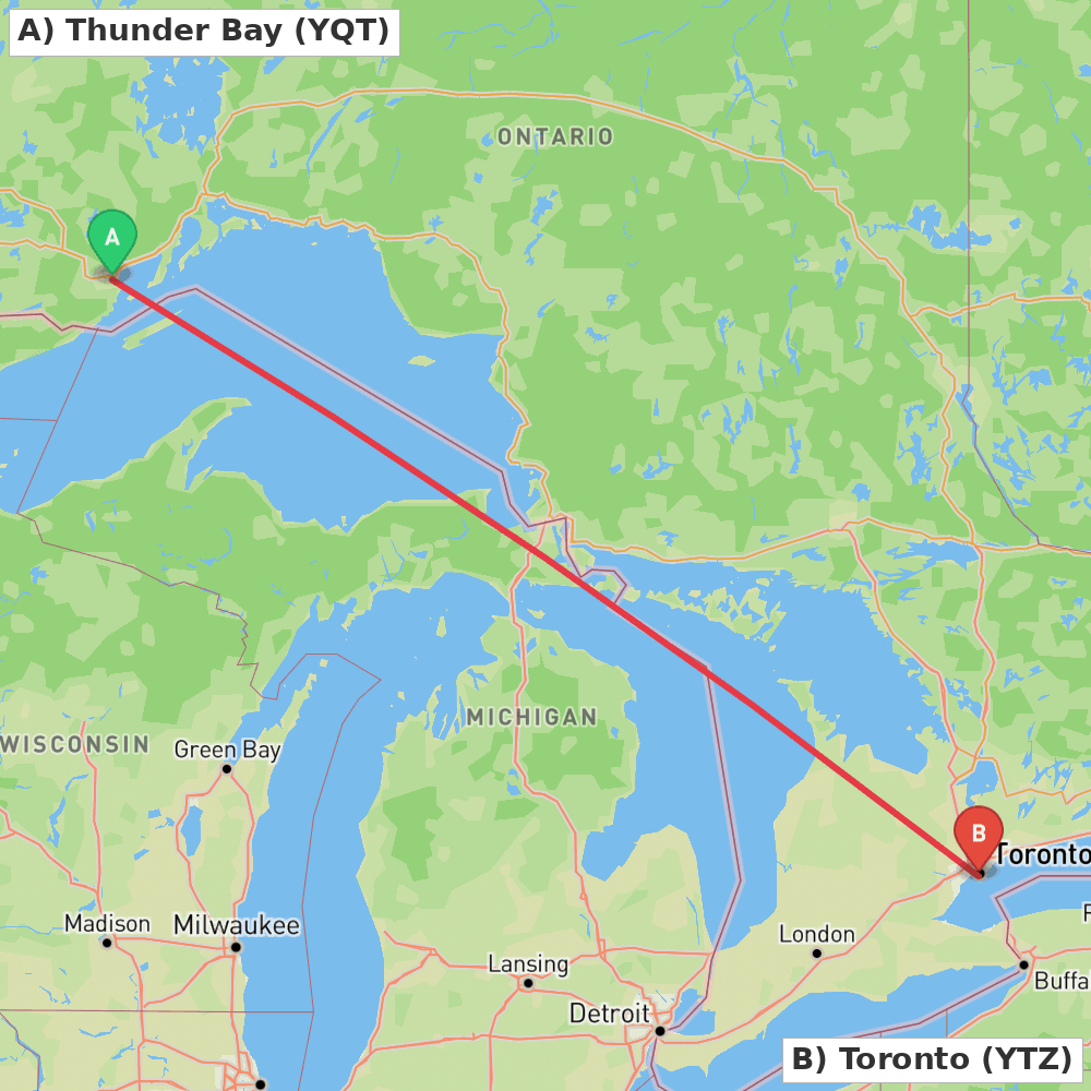Flight route map from Thunder Bay to Toronto