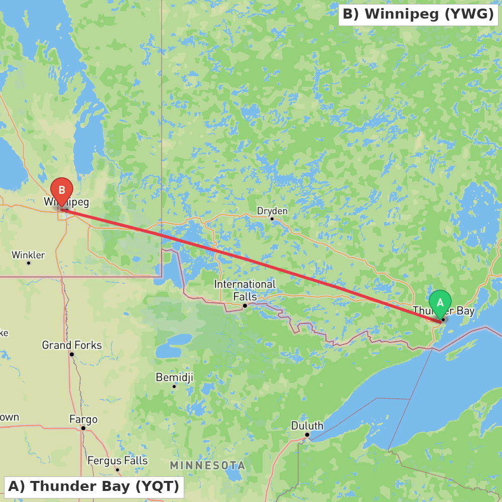 Flight route map from Thunder Bay to Winnipeg