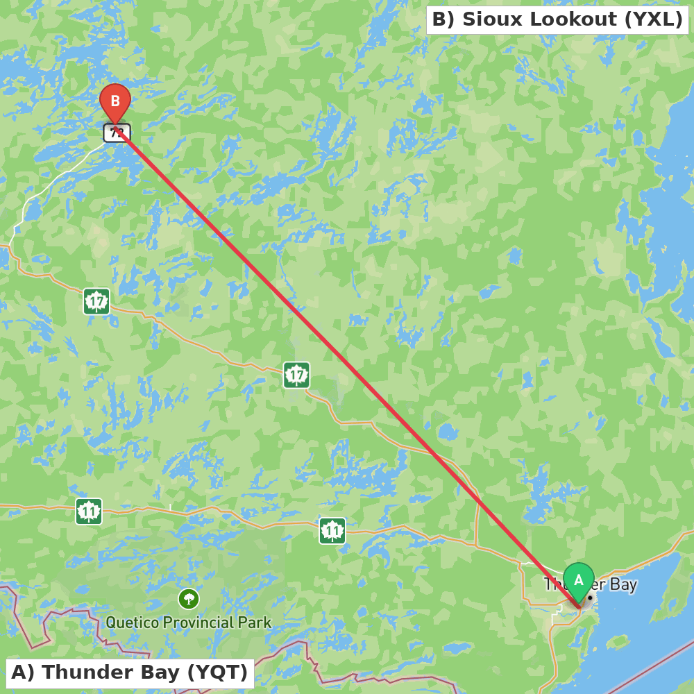 Flight route map from Thunder Bay to Sioux Lookout
