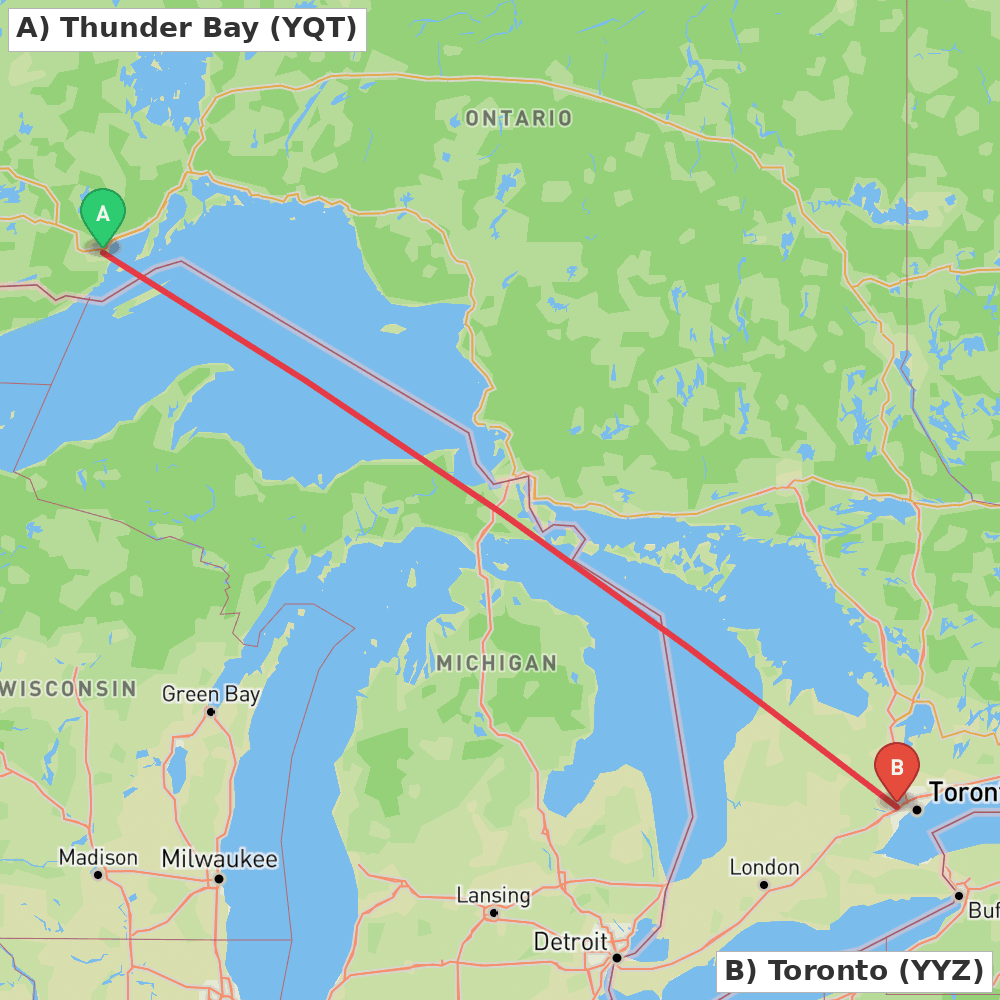 Flight route map from Thunder Bay to Toronto
