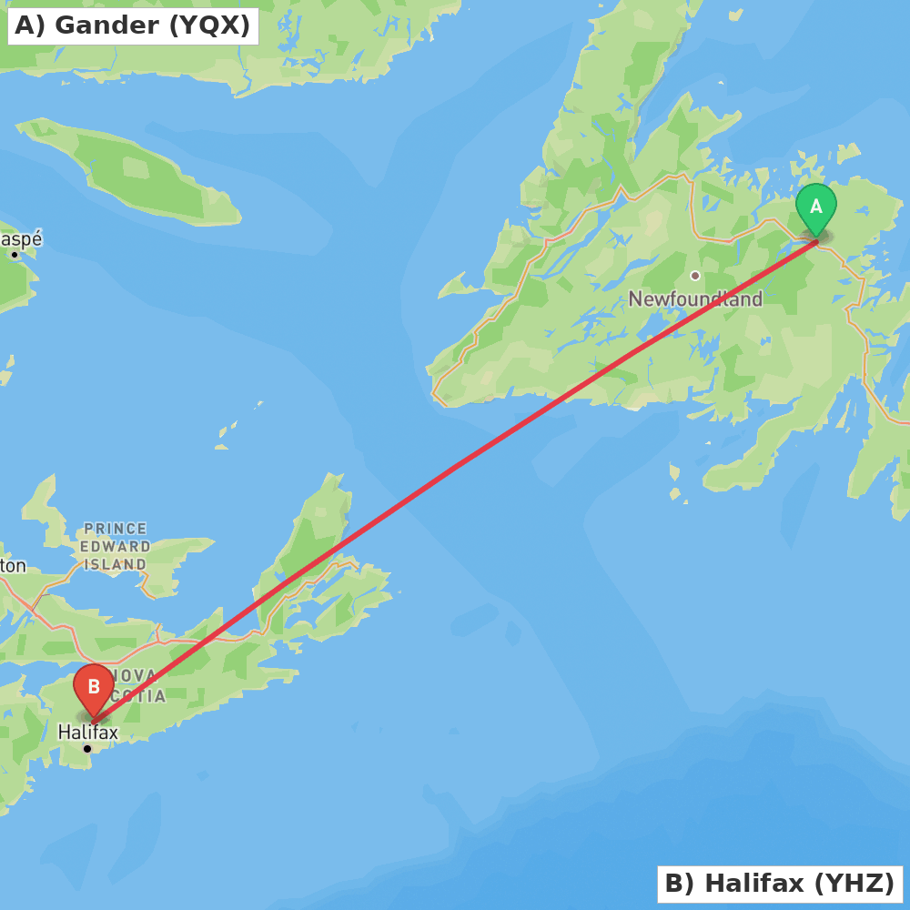 Flight route map from Gander to Halifax
