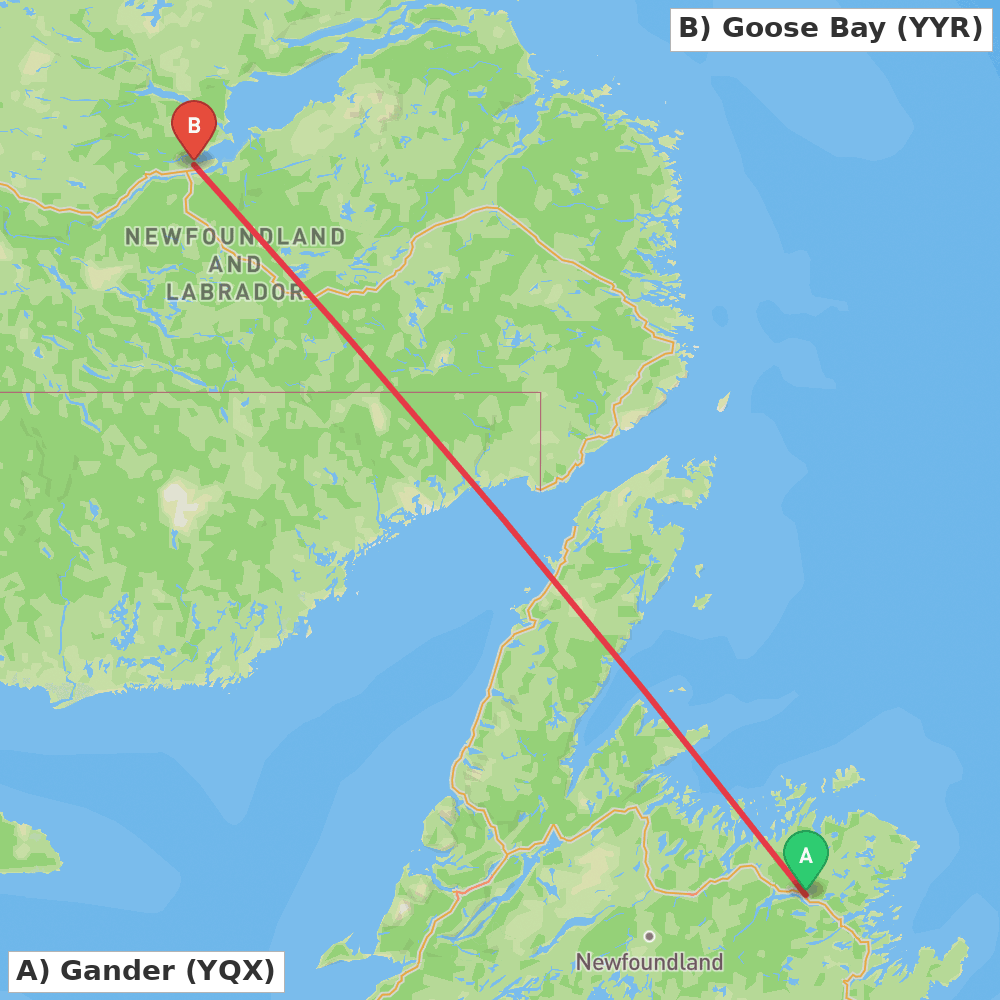 Flight route map from Gander to Goose Bay