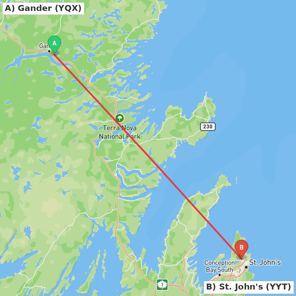 Flight route map from Gander to St. John's