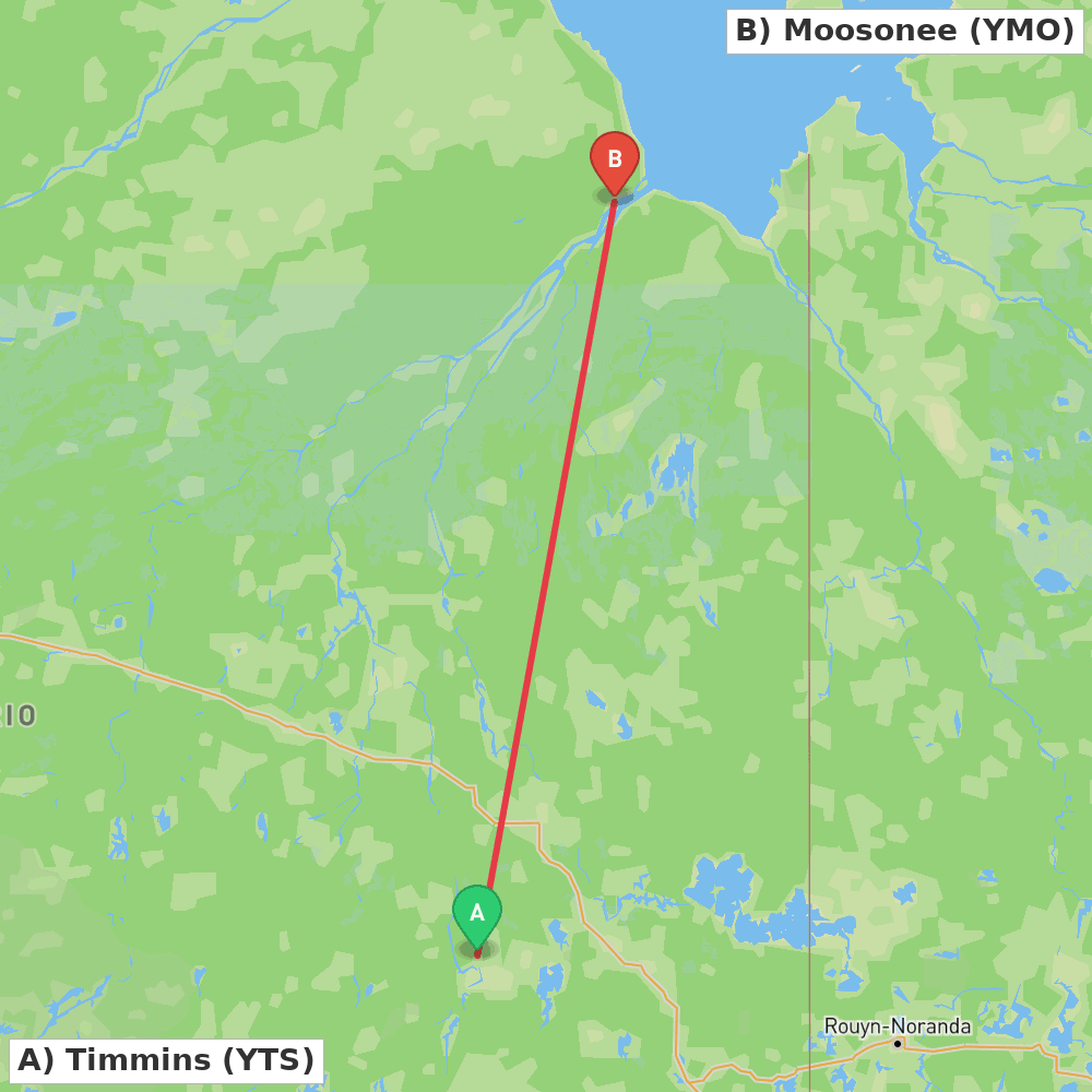 Flight route map from Timmins to Moosonee