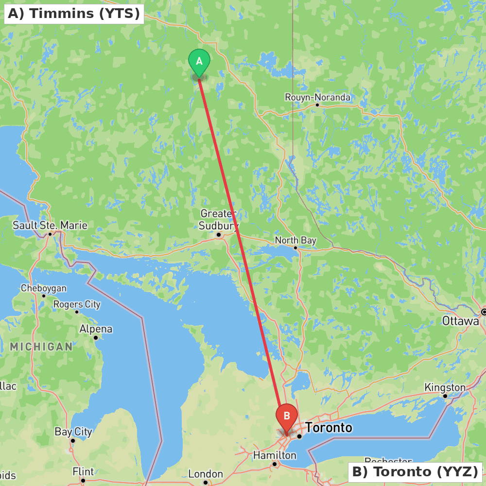 Flight route map from Timmins to Toronto