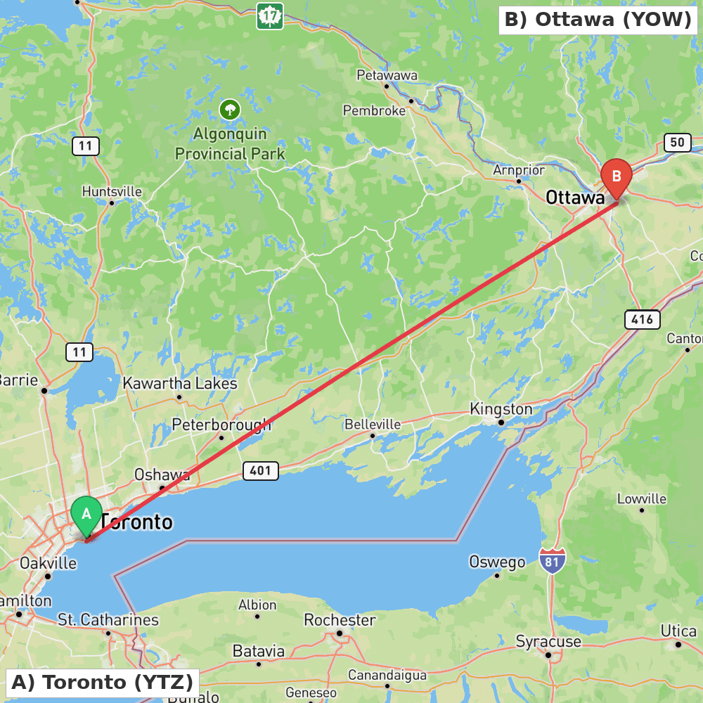 Flight route map from Toronto to Ottawa