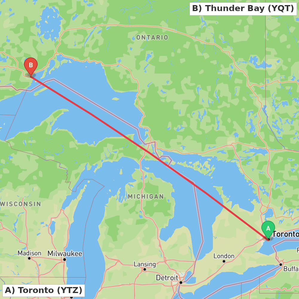 Flight route map from Toronto to Thunder Bay