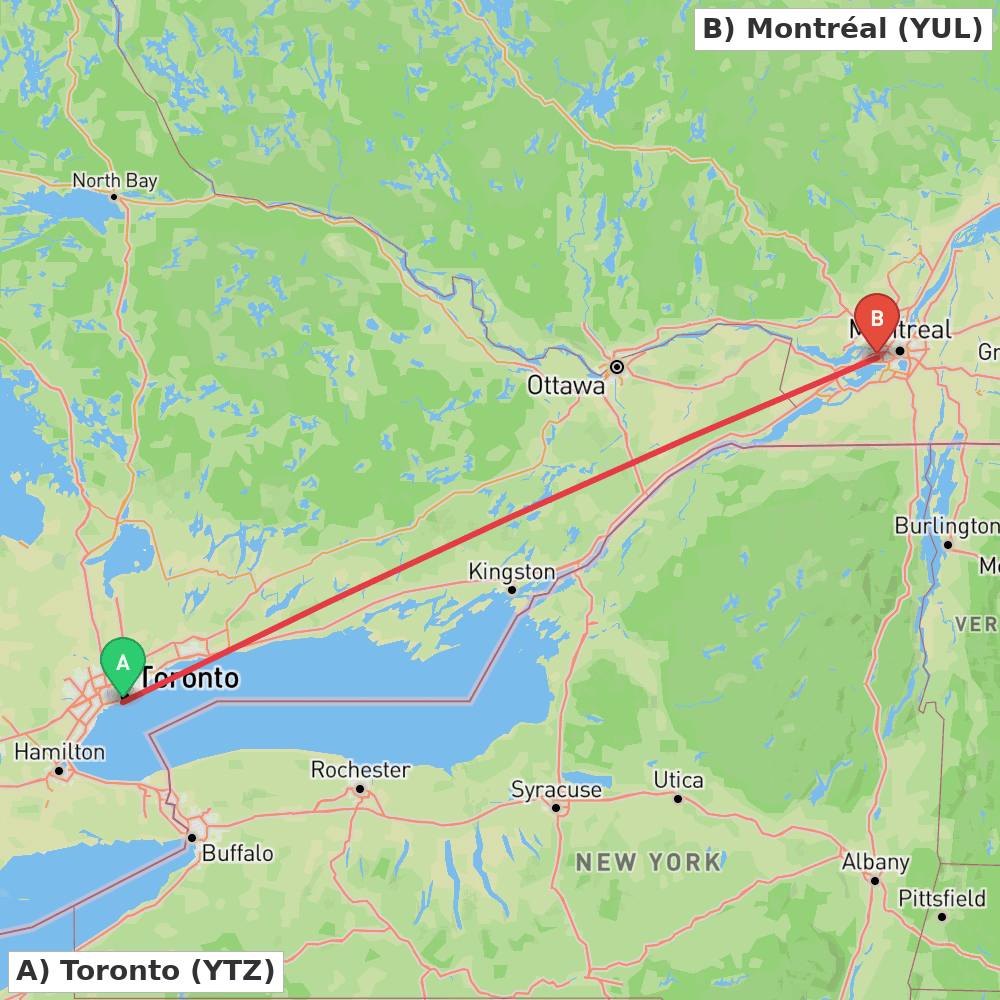 Flight route map from Toronto to Montréal