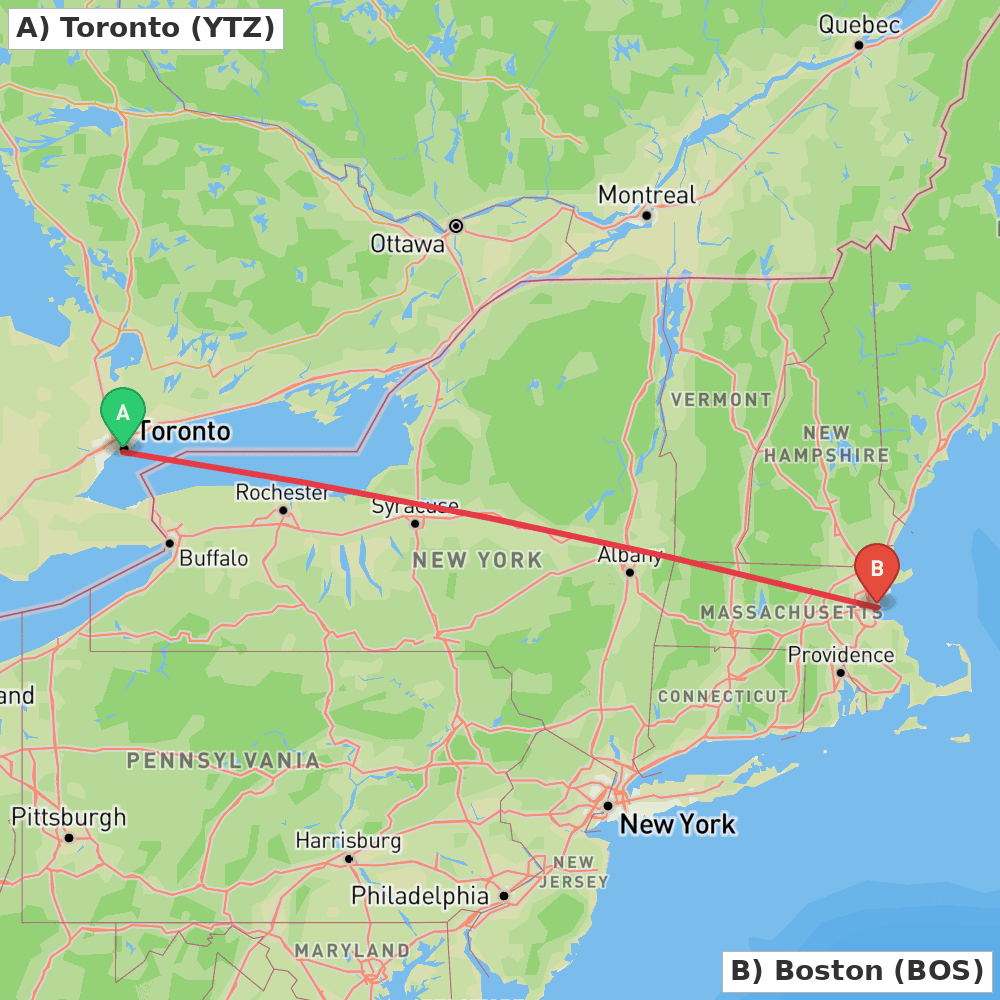 Flight route map from Toronto to Boston