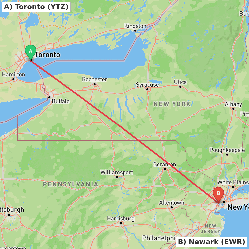Flight route map from Toronto to Newark