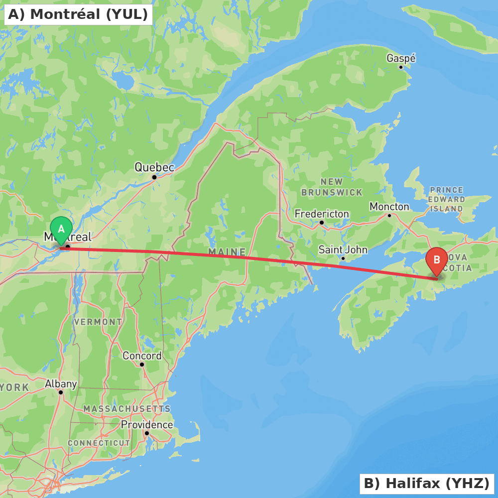 Flight route map from Montréal to Halifax