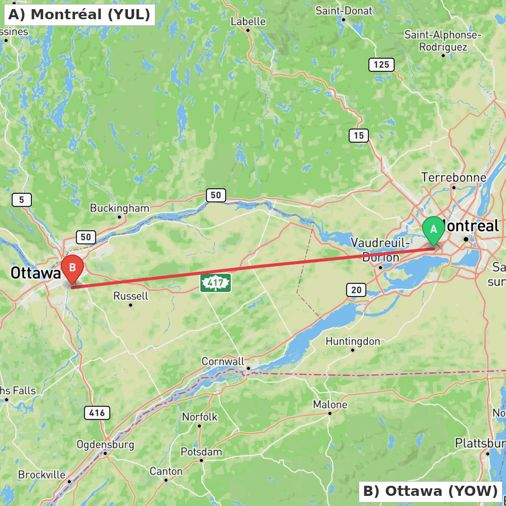 Flight route map from Montréal to Ottawa