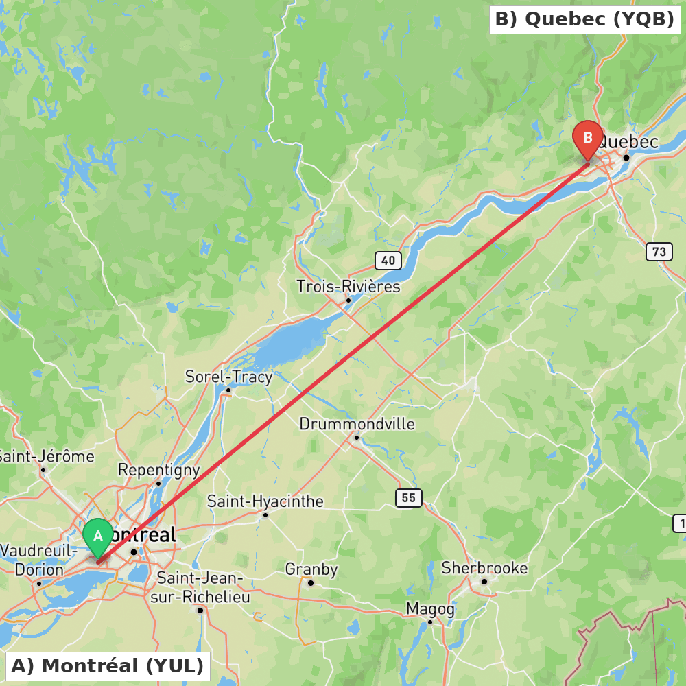 Flight route map from Montréal to Quebec
