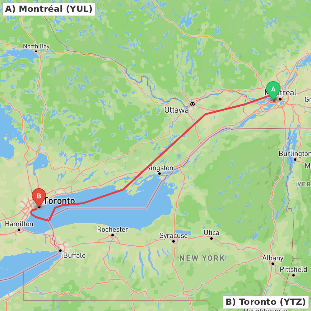 Flight route map from Montréal to Toronto