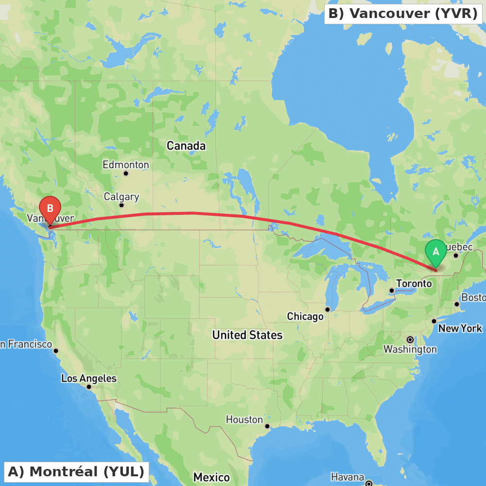 Flight route map from Montréal to Vancouver