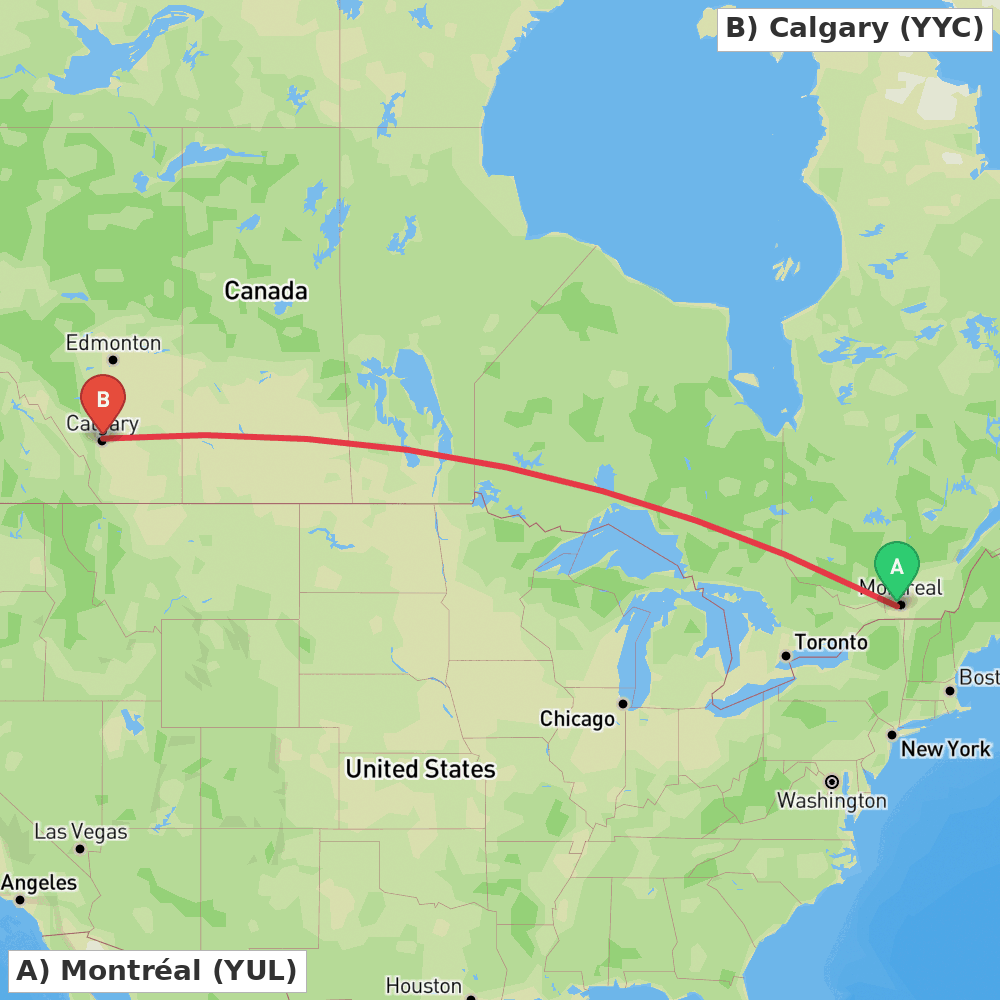 Flight route map from Montréal to Calgary