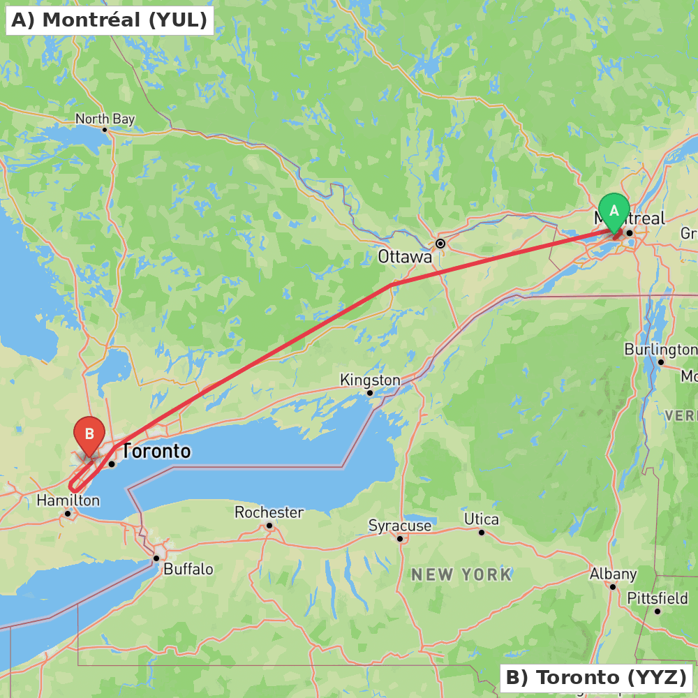 Flight route map from Montréal to Toronto