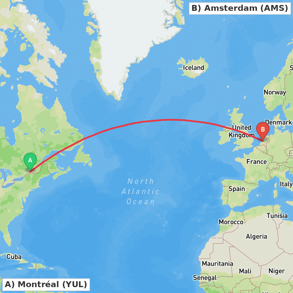 Flight route map from Montréal to Amsterdam