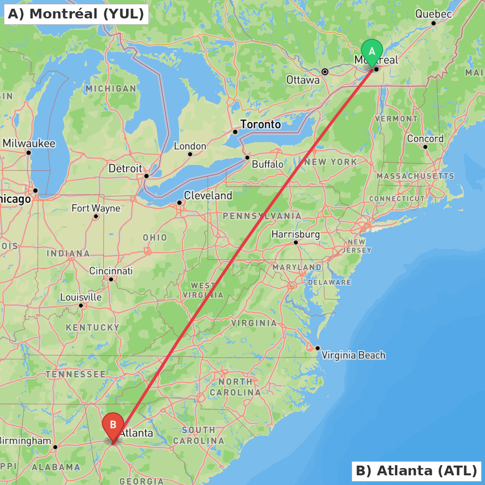 Flight route map from Montréal to Atlanta