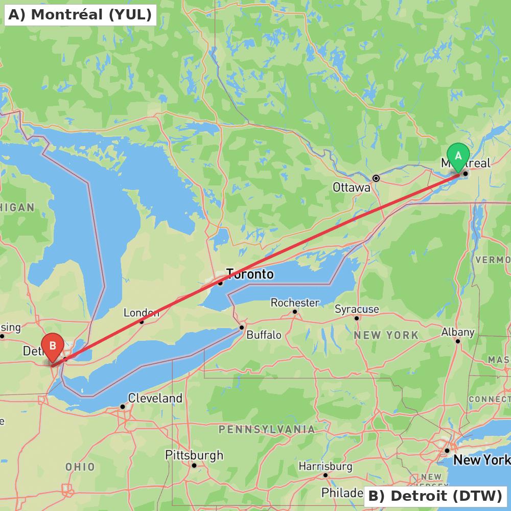 Flight route map from Montréal to Detroit
