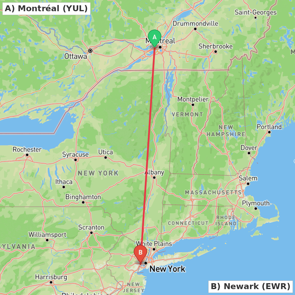 Flight route map from Montréal to Newark