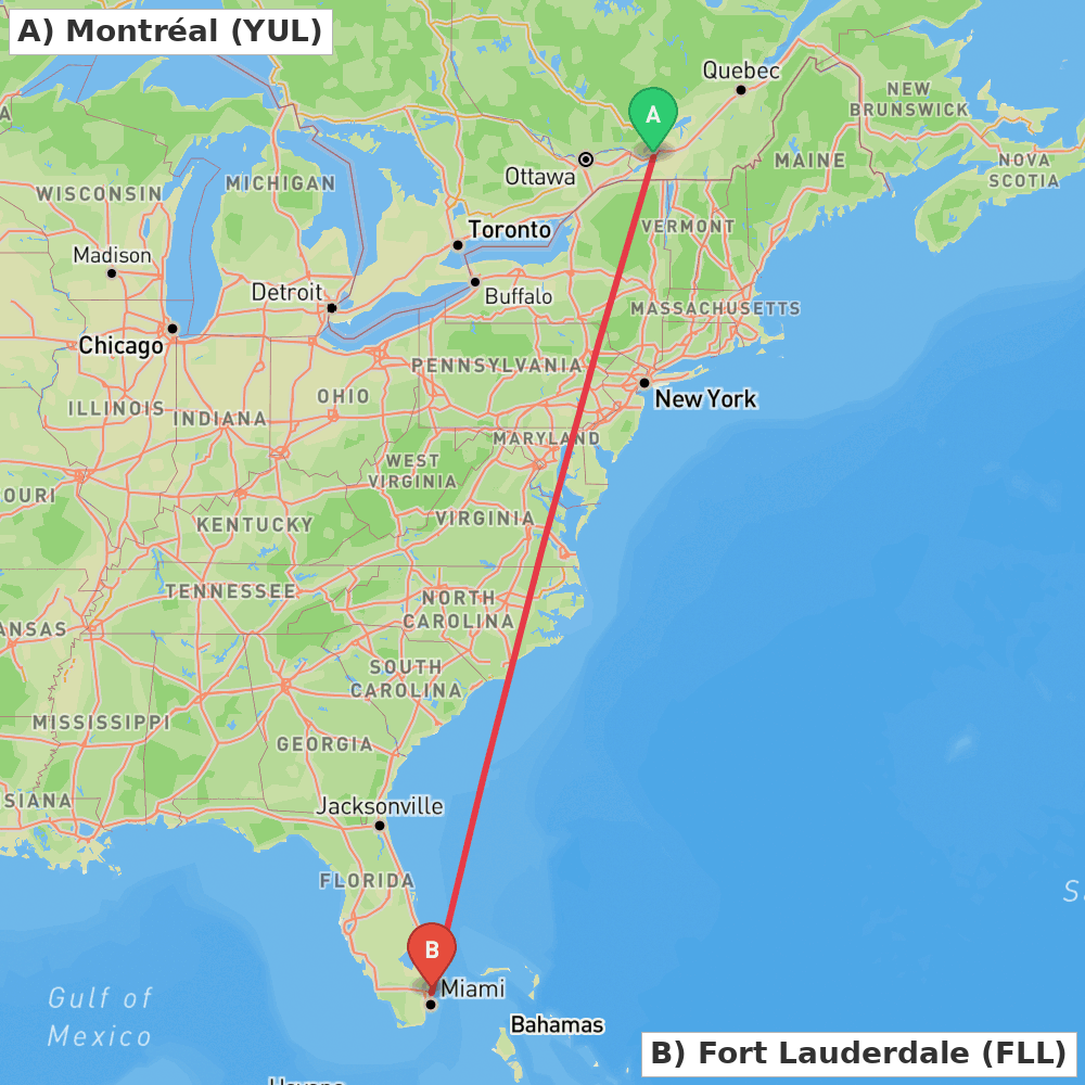 Flight route map from Montréal to Fort Lauderdale